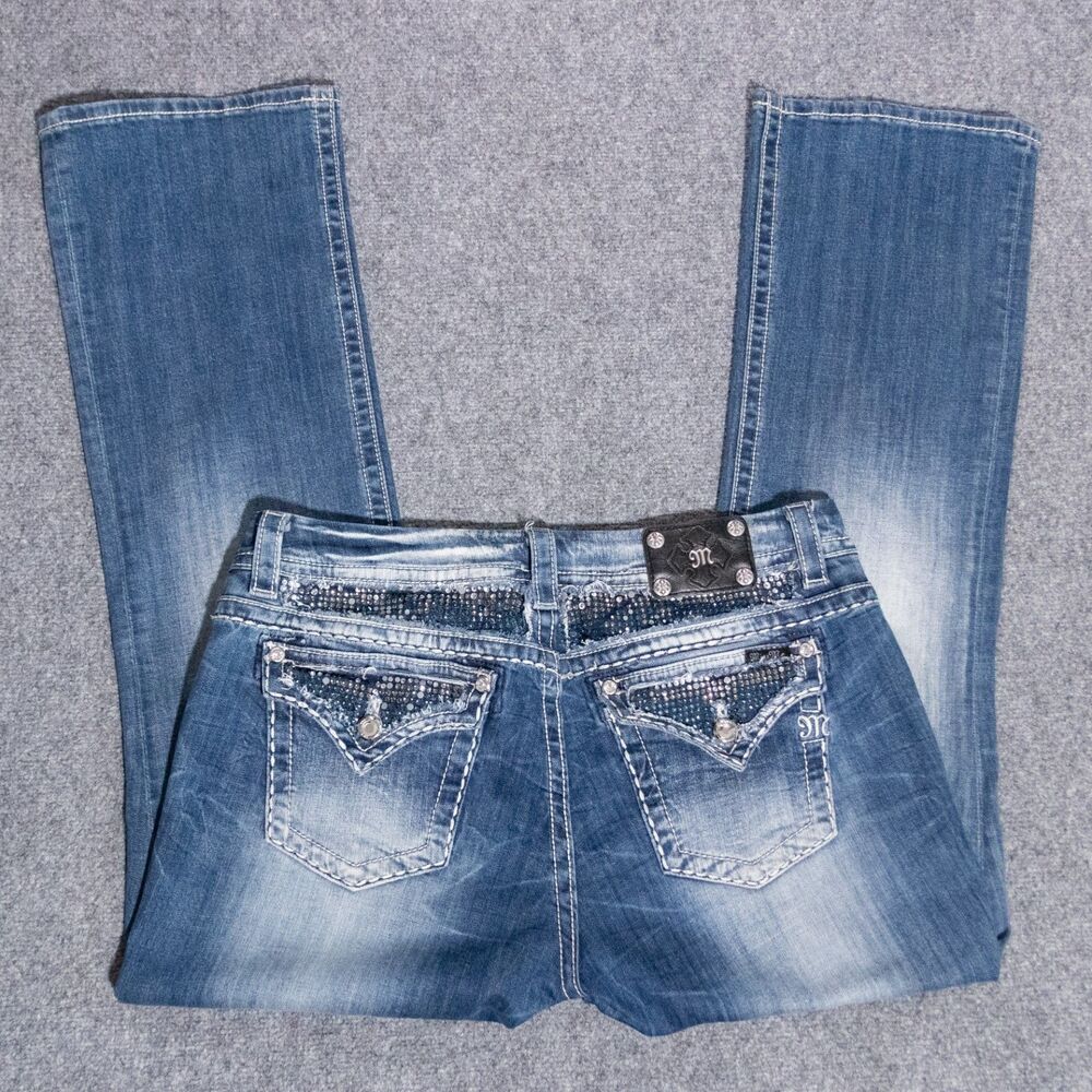 Miss Me Bootcut Jeans Womens 34 Embellished Easy Boot Stretch Whisker y2k Grunge